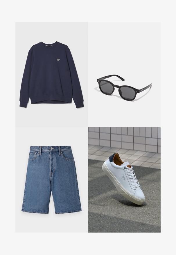 Sweatshirt azul-marinho feito de um tecido de mistura de algodão. Apresenta um decote redondo, mangas longas, punhos com costura canelada e um pequeno logótipo no peito.; Calções de ganga em azul claro com uma textura desbotada, design de cinco bolsos e fecho com botão na cintura.; Sapatilha de couro branco com calcanhar azul marinho, bico redondo e detalhes em castanho contrastantes. Apresenta atacadores planos e sola de borracha texturizada.; Óculos de sol pretos em formato oval com lentes escuras, armações grossas e detalhes em ponto prateado nas laterais. Material plástico suave, design contemporâneo.