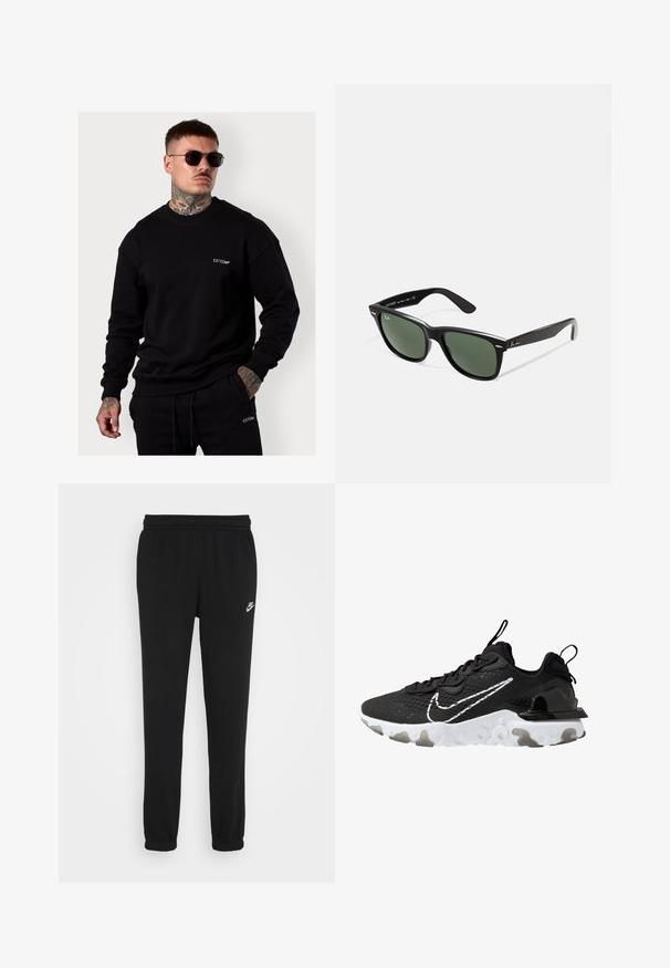 Sweatshirt noir en tissu doux, avec des manches longues, un col rond et un petit logo brodé blanc sur la poitrine.; Pantalons de survêtement noirs avec une taille élastique, chevilles resserrées et un petit logo Nike blanc sur le côté gauche. Fabriqués à partir d'un tissu texturé doux.; Baskets de sport noires avec une tige en tissu texturé, un swoosh Nike blanc et une épaisse semelle blanche. Équipées d'une languette au niveau du talon pour un enfilage facile.; Lunettes de soleil en plastique noir avec verres verts, monture carrée, accent argenté sur le sourcil et branches texturées. Marque indiquée sur l'intérieur de la branche.