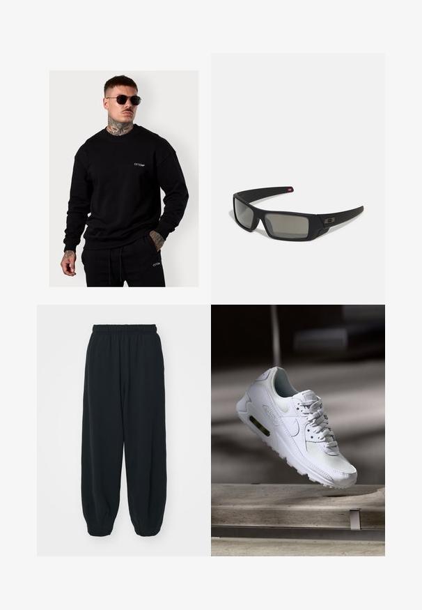 Black sweatshirt made of soft fabric, featuring long sleeves, a round neckline, and a small white embroidered logo on the chest.; Black, elasticated-waist sweatpants with a loose fit, cuffed ankles, smooth texture, and no visible patterns or hardware accents.; White Nike Air Max 90 sneaker featuring a mesh and leather upper, perforated toe box, and a visible air unit in the heel.; Black sunglasses with a matte finish, rectangular lenses, slight curve on temples, subtle logo detail, and smoke-tinted lenses.