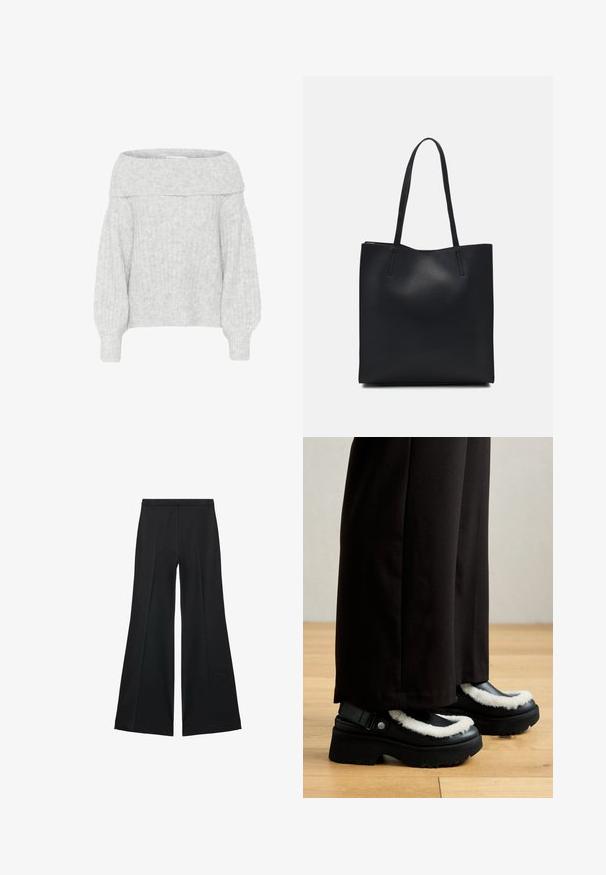 Svetlý šedý sveter bez ramienok s ribovanou štruktúrou a širokými rukávmi. Mäkko, nadýchaný materiál a voľný strih pre pohodlie.; Čierne široké nohavice s hladkou textúrou, s prednými záhybmi a elegantným strihom. Materiál je ľahký a pruhlý.; Čierne platformové topánky majú biely chlpatý lem, zaoblenú špičku a strapec s kovovým gombíkom. Nosené s čiernymi nohavicami na drevenej podlahe.; Čierna kožená taška na rameno s hladkým povrchom, obdĺžnikovým tvarom a dvoma dlhými uchami. Bez viditeľného kovania alebo ozdôb.