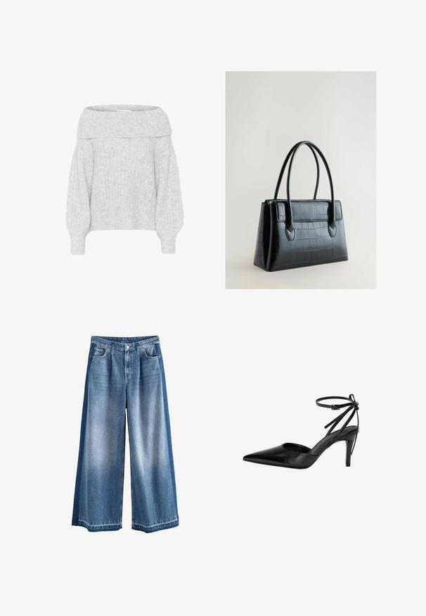 Maglione grigio chiaro scollato sulle spalle con texture a coste e maniche ampie. Materiale morbido e peloso e vestibilità morbida per il massimo comfort.; Pantaloni in denim a gamba larga in blu chiaro a medio, con lavaggio sbiadito, tasche classiche e chiusura con bottone. Materiale in cotone resistente.; Scarpa nera con punta a stiletto, caratterizzata da un design con aperture e cinturino alla caviglia regolabile. La scarpa presenta una superficie liscia e lucida e un tacco sottile.; Borsa nera in finta pelle di coccodrillo con forma strutturata, manici a doppia punta e finitura liscia. Presenta un pattino frontale e una base rettangolare.