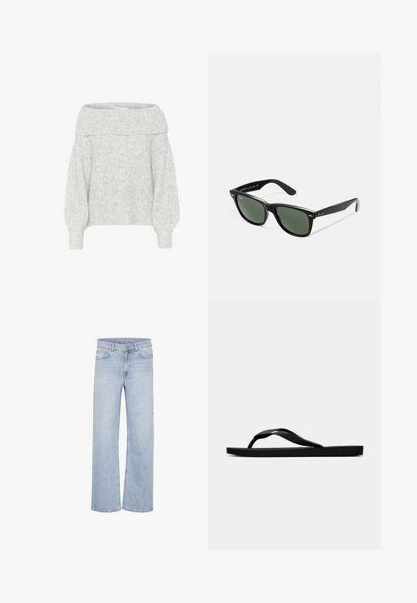 Világosszürke, vállra húzott pulóver, bordázott textúrával és széles ujjakkal. Puha, bolyhos anyag és lazán illeszkedő szabás a kényelem érdekében.; Világoskék, bőszárú farmernadrág, amely denim anyagból készült. Övhurkokkal, öt zsebes kialakítással és varrott díszítésekkel rendelkezik a varrás mentén.; Fekete gumipapucs, textúrált pánttal és egyszerű lapos talppal, oldalnézetből, világos háttér előtt.; Fekete műanyag napszemüveg zöld lencsékkel, négyzet alakú kerettel, ezüst díszítéssel a keret felső részén, valamint texturált szárakkal. A márka neve a belső száron található.; DRAGON DIFFUSION MINI FLAT GORA - Kézitáska - dark brown