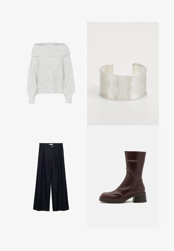 Hellgrauer Off-Shoulder-Pullover mit geripptem Muster und weiten Ärmeln. Weiches, flauschiges Material und lockere Passform für hohen Tragekomfort.; Dunkelblaue, weite High-Waist-Hosen aus Denim mit einem Knopfverschluss vorne, zwei Seitentaschen und Nähdetails.; MIISTA MALENE - Stiefelette - brown; Zign Armband - silver-coloured