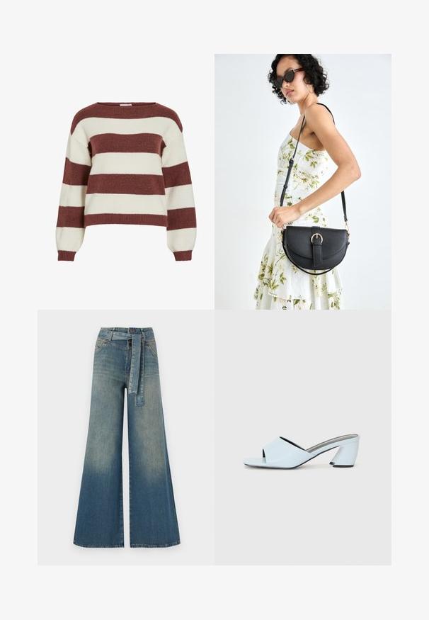 Prugasti pulover u burgundcu i krem boji, izrađen od mekog, teksturiranog pletenog materijala. Ima širok izrez i balon rukave sa rebrastim manžetama.; Široke traperice s gradijentom od svijetloplave do tamnoplave, visokog struka, petljama za remen i remenom od istog materijala. Teksturirana traper tkanina.; Svijetloplave sandale na visoku petu s otvorenim prstima, s geometrijskim dizajnom, koje imaju široku traku preko stopala i debelu, kutnu petu.; Crna kožna torba s lukovitim oblikom, odvojivim remenom i zlatnim detaljima. Torba ima preklop s kopčom.