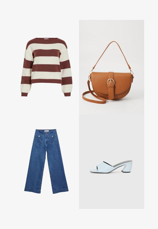 Prúžkovaný sveter v burgundskej a krémovej farbe, vyrobený z mäkkého, štruktúrovaného úpletu. Má široký výstrih a balónové rukávy s rebrovanými manžetami.; Džínsy s širokými nohavicami v stredne modrej farbe, s dvoma prednými vreckami na gombíkovné zapínanie a šitými detailmi pozdĺž lemov.; Svetlomodré otvorené štýlové sandále na vysokom opätku s geometrickým dizajnom, s širokým pásom cez nohu a masívnym, ostrým opätkom.; Hnedá kožená kabelka cez telo s zakriveným tvarom, zlatými kovovými doplnkami a akcentom s prackou. Obsahuje odnímateľný ramenný popruh.