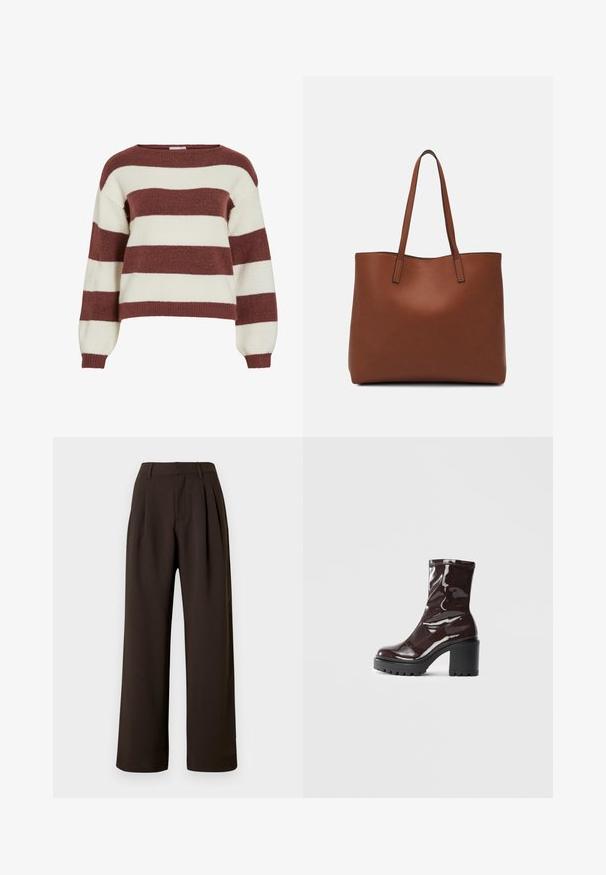 Striped sweater in burgundy and cream, made from a soft, textured knit. Features a wide neckline and balloon sleeves with ribbed cuffs.; Dark brown high-waist wide-leg trousers with belt loops, front pleats, and a concealed front fastening against a white background.; Glossy burgundy ankle boot with a chunky black heel, featuring a smooth texture and simple design. No visible fastenings or patterns.; Brown leather tote bag with a smooth texture, open top design, and two shoulder straps. Features minimal stitching and no visible hardware.