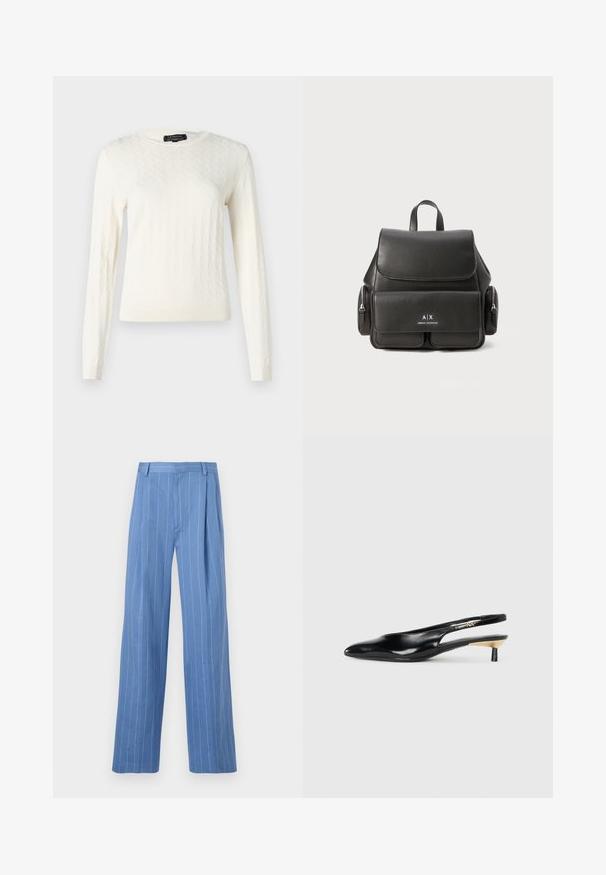 Pulover tricotat de culoare crem, cu un model în diamant, mâneci lungi și decolteu rotund. Textură moale cu manșete și tiv ribbate.; Pantaloni largi de culoare bleu deschis, cu dungi verticale albe. Confectionați dintr-un material neted, cu pliuri frontale și un design curat al taliei.; Pantof cu toc slingback negru, cu vârful ascuțit, finisaj din piele lucioasă și un toc mic cu un accent auriu. Design elegant cu spatele deschis.; Rucsac din piele neagră, cu închidere cu clapetă, buzunar frontal, compartimente cu fermoar pe lateral și un mâner de sus. Prezentă detalii cu sigla în față.