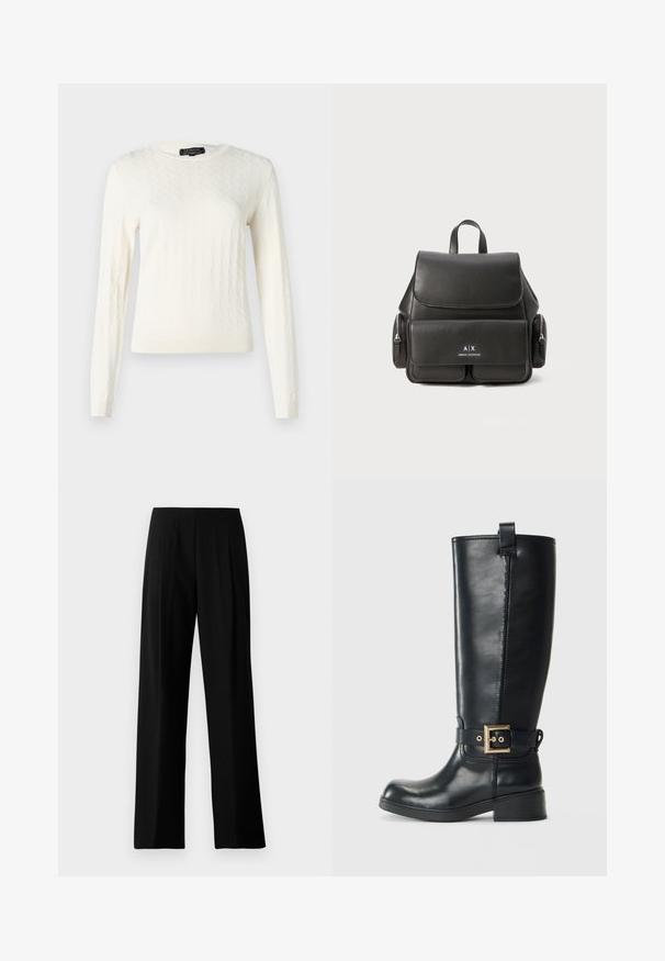 Maglione lavorato a maglia color crema con motivo a diamante, maniche lunghe e scollo rotondo. Texture morbida con polsini e orlo a coste.; Pantaloni neri a gamba larga realizzati in tessuto liscio, con una vita piatta e pieghe frontali per un aspetto curato. Senza hardware o motivi visibili.; Stivale in pelle nera al ginocchio con tacco basso a blocco, cinturino decorativo con fibbia dorata attorno alla caviglia e linguetta nella parte superiore.; Zaino in pelle nera con chiusura a pattina, tasca frontale, scomparti laterali con cerniera e manico superiore. Presenta dettagli con logo sul fronte.