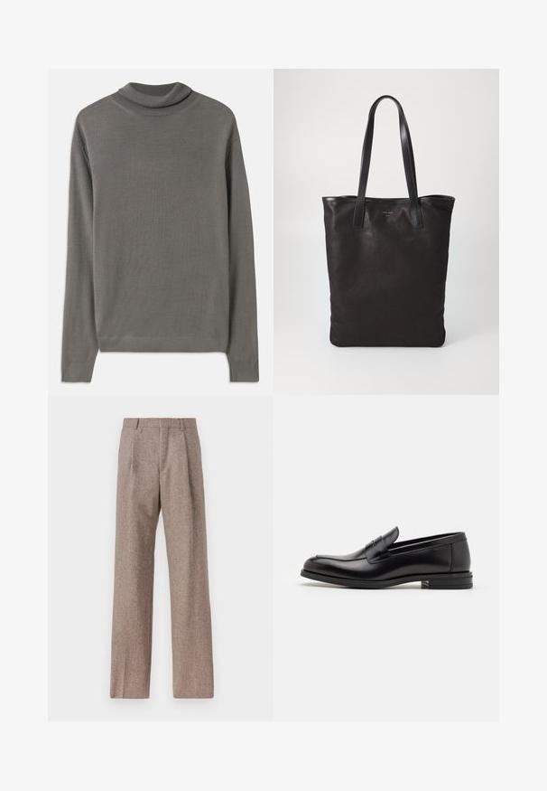 Šedý rolák vyrobený z měkké, lehké látky. Má dlouhé rukávy a žebrovaný výstřih s hladkou texturou po celém povrchu.; Hnědé kalhoty s vysokým pasem vyrobené z texturované látky. Mají široké nohavice a dva přední sklady pro strukturu. Úhledné provedení bez viditelné kovových částí.; Černé kožené polobotky s hladkou texturou, zaoblenou špičkou a zdobným páskem přes nárt. Nízký stohovaný podpatek, minimalistický design.; Černá plátěná taška s černými koženými uchy. Jednoduchý design, prostorné tělo a hladký povrch. Žádné viditelné loga ani vzory.