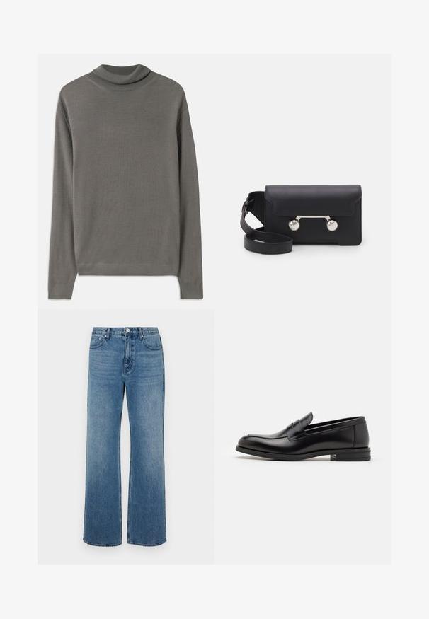 Halluxhallari halluxhallari halluxhallari pehmet, kergedest kergedest kergedest. Omab kangast, millel on pikad varrukad ja soonikkoes. Kõikjal on sile tekstuur.; Laiad sinised teksad, mis on valmistatud denimist ja millel on kulunud viimistlus. Omab viit taskut, ees nööpidega kinnitust ja sirget lõiget.; Mustad mustad nahast loafers sileda tekstuuriga, ümarat ninaosa ja dekoratiivne riba vampi üle. Madal kihiline konts, minimalistlik disain.; Must со хsaid crossover kottiga black nahka, mis on varustatud klapiga sulgemisega, hõbedased detailid ja kaks ümmargust aksessuaar. Omab eemaldatavat rihma. Sile tekstuur.