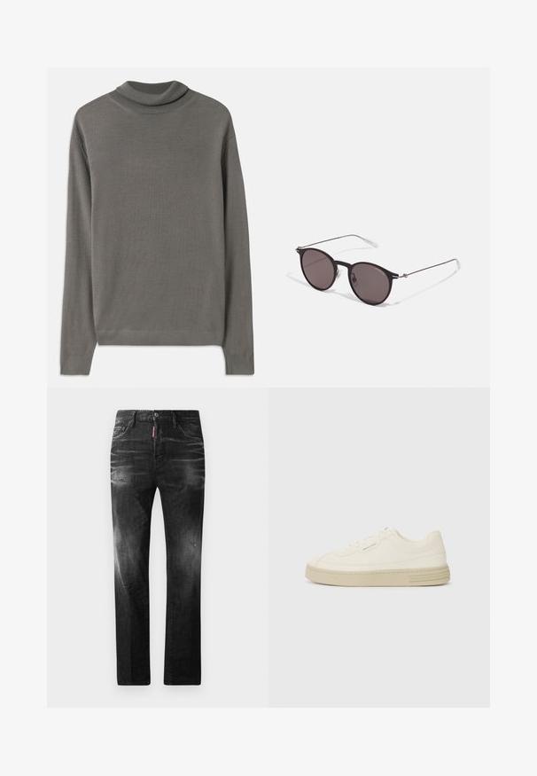 Pulôver cinza de gola alta feito de um tecido suave e leve. Apresenta mangas longas e um decote canelado com uma textura lisa em todo o seu comprimento.; Jeans de denim preto com um corte reto. Apresentam áreas desbotadas, ligeira degradação, design clássico de cinco bolsos e um fecho de botão.; Ténis de tela brancos com sola de borracha texturizada, apresentando uma biqueira cosida e um detalhe com o logótipo no calcanhar. Design simples com atacadores.; Óculos de sol redondos pretos com lentes escuras e hastes metálicas finas. Inclui pontas de templo transparentes e detalhes em prata na dobradiça. Design minimalista.