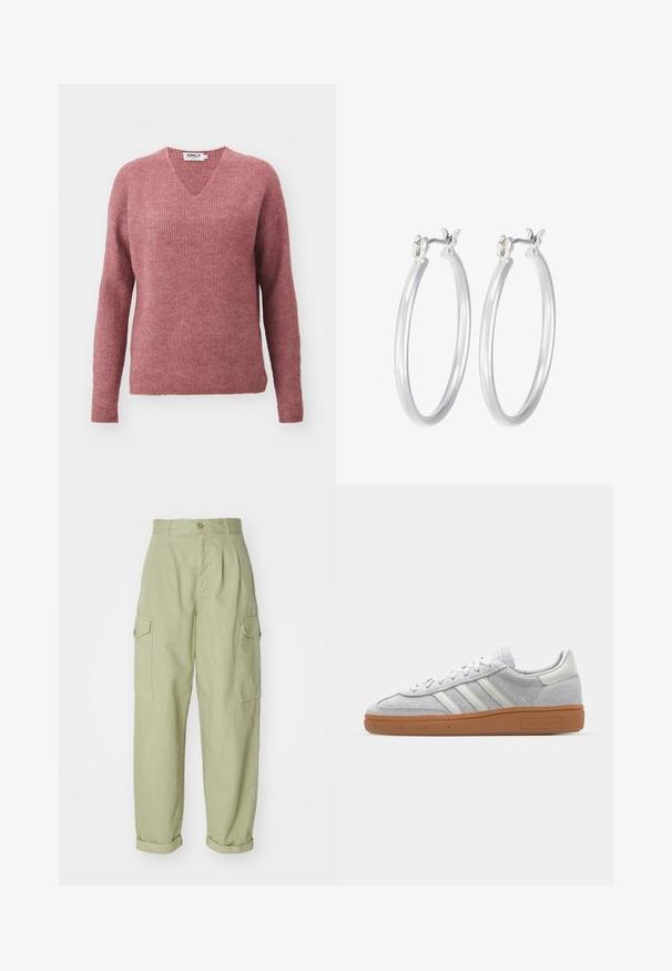 V-veida, garām piedurknēm adīta džemperis mīkstā ribotā dzijā. Krāsa ir putekļrozā, ar brīvu piegriezumu un nolaišanās pleciem komfortam.; Balts ribots garām piedurknēm krekls ar apaļu kakla izgriezumu. Izgatavots no elastīga auduma, kas pieguļ ķermenim. Iezīmējas ar smalkām horizontālām līnijām.; Gaiši zaļas kravas bikses, izgatavotas no kokvilnas auduma. Tām ir augsts jostasvieta, sarullētas malas un divi sānu kravas kabatas papildu praktiskumam.; Gai pelēki zamšīgās kedas ar baltām ādas detaļām, trim baltām līnijām un brūnu gumijas zoli, ar mīkstinātu apkakli komforta nodrošināšanai.; Sudraba riņķveida auss gredzeni ar gludu, pulētu apdari. Apaļa forma un drošs klikšķa augšējais slēgums. Viegls dizains, kas piemērots ikdienas valkāšanai.