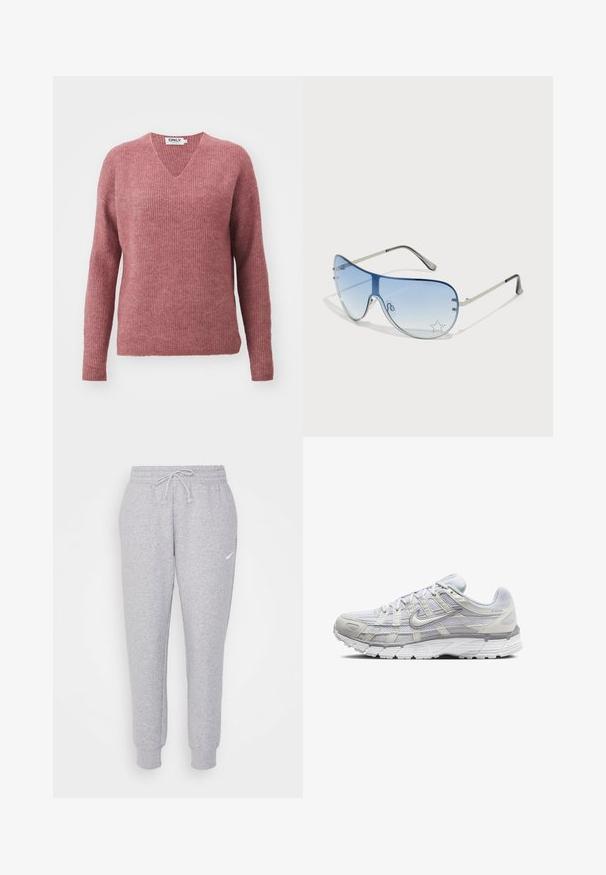 Pulover s V izrezom i dugim rukavima, izrađen od mekog, rebrastog pletiva. Boja je prašnato ružičasta, s ležernim krojem i spuštenim ramenima za udobnost.; Svijetlosive trenirke s elastičnom trakicom u struku, sužene nogavice i mali bijeli logo na lijevom bedru. Izrađene su od mekog, teksturiranog materijala.; Svijetlosive atletske cipele s mrežastim i sintetičkim gornjim dijelom, s vezanjem, podstavljenim ovratnikom i teksturiranim potplatom za bolje prianjanje.; Naočale tipa avijatičar s gradijentnim plavim staklima, okvirom od srebrnog metala i dekorativnim zvjezdastim naglascima na staklima. Glatki i elegantni dizajn.; Srebrne naušnice u obliku kružnice s glatkom, poliranom površinom i tankim, okruglim oblikom. Dizajn uključuje sigurno kopčanje.