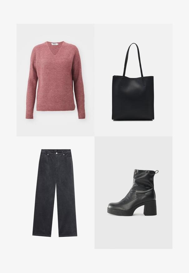 Pulover cu guler în V și mâneci lungi, realizat dintr-un tricot moale și canelat. Culoarea este roz prăfuit, cu o croială lejeră și umeri căzuți pentru confort.; Pantaloni cu picioare largi din catifea gri închis, cu închidere cu buton, patru buzunare și un finisaj moale texturat.; Bocanci negri de glezna din piele netedă, cu fermoar lateral, toc texturat și masiv, și design cu vârf rotund.; Geantă tote neagră din piele, cu textură netedă, formă rectangulară și două mânere lungi. Fără hardware vizibil sau ornamente.