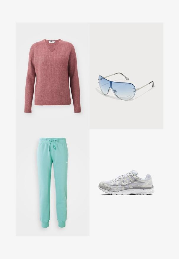 V-neck, long-sleeve sweater in a soft, ribbed knit. Color is dusty rose with a relaxed fit and drop shoulders for comfort.; Mint green sweatpants with an elastic waistband, drawstring, and ribbed cuffs. Features a small white Nike logo on the left thigh.; Light gray athletic shoes with a mesh and synthetic upper, featuring a lace closure, padded collar, and textured sole for grip.; Aviator sunglasses featuring a gradient blue lens, silver metal frame, and decorative star accents on the lens. Smooth and sleek design.