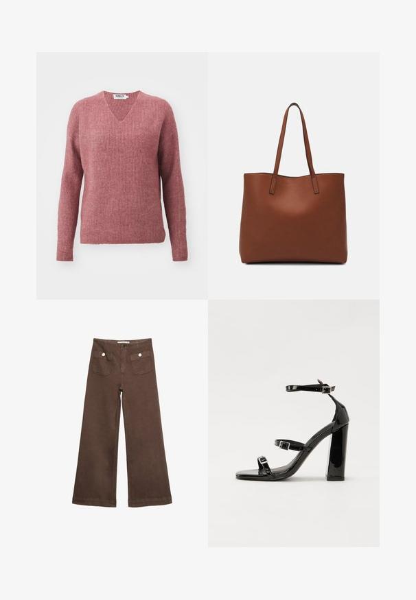 V-Ausschnitt, langärmliger Pullover aus einem weichen, gerippten Strick. Die Farbe ist staubiges Rosa mit einem lockeren Schnitt und überschnittenen Schultern für zusätzlichen Komfort.; Braune weit geschnittene Hosen aus Baumwolle, mit zwei Fronttaschen mit silbernen Knöpfen und einer glatten Textur.; Schwarze Lackleder-Sandalen mit hohen Absätzen, zwei Riemen mit Schnallen, quadratischer Zehenpartie und klobigem Blockabsatz, mit einer glatten, glänzenden Textur.; Braune Leder-Tote mit glatter Textur, offenem Oberteil und zwei Schulterriemen. Verfügt über minimale Nähte und keine sichtbaren Beschläge.