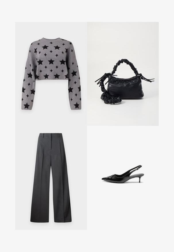 Harmaa lyhythihainen neulepaita, jossa on mustia tähtiä kuvioina, pitkät hihat ja pyöreä kaula-aukko, valmistettu pehmeästä neuloksesta.; Housut leveillä lahkeilla tummanharmaasta kankaasta, joissa on korkea vyötärö, yksittäiset laskokset ja sileä pinta siistillä viimeistelyllä lahkeiden päällä.; Mustat nahkaiset slingback-korkokengät, joissa on terävä kärki, pieni kitten-korko ja koristeellinen solki edessä. Yksinkertainen pinta kauttaaltaan.; Must-have mustekahvi nahkalaukku krokotiiliaistalla, kiristetty yläosa ja rypistetty hihna. Näyttää pehmeältä ja kompaktilta muotoilultaan.