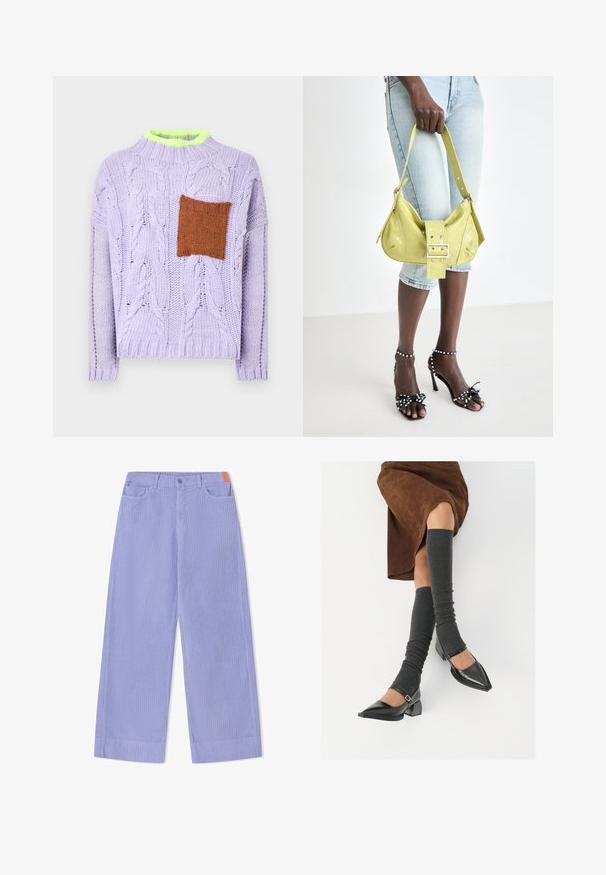 Fliederfarbener Strickpullover mit Zopfmustern, einem leuchtend neongrünen Kragen und einem strukturierten braunen Fleck auf der Vorderseite.; Weite Hosen aus hellviolettem, geripptem Stoff mit vorderer Knopfleiste, zwei Taschen und einem orangefarbenen Akzent am Bund.; Schwarze lacklederne spitze Schuhe mit Blockabsatz und Knöchelriemen, kombiniert mit grauen gerippten Beinstulpen und einem braunen Wildlederrock.; Gelbe perforierte Handtasche mit einer Schnallendetail und verstellbarem Träger, kombiniert mit Jeansshorts und schwarzen High-Heelsandalen mit Schleifen.