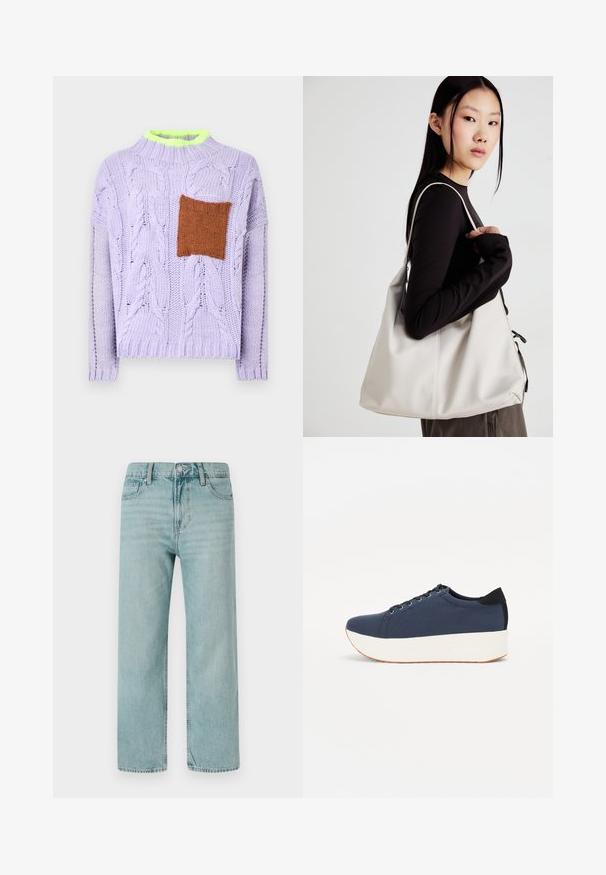 Pull tricoté lilas avec motifs torsadés, col vert néon vif et patch texturé marron à l'avant.; Jeans bleu clair à jambes larges en denim, avec un design classique à cinq poches, des lignes épurées et une taille régulière avec fermeture par bouton.; Baskets bleu marine avec un upper en tissu texturé, semelle plateforme blanche, bout arrondi et accent noir au talon. Dispose de six œillets pour les lacets.; Sac à main beige en matériau souple, avec un design décontracté, des détails cousus et deux poignées. Idéal pour un usage quotidien.