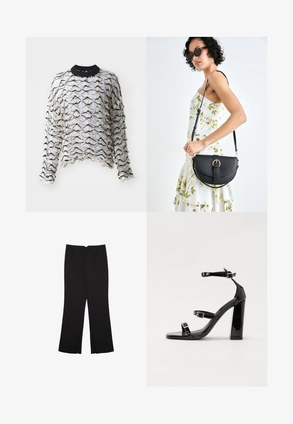 The Ragged Priest Svetrík - black/ecru; Čierne nohavice so strihom rovného strihu, s prednými vreckami a bočnými rozparkami na leme. Vyrobené z mäkkej, hladkej tkaniny. Vhodné na rôzne príležitosti.; Čierne lakované sandále na podpätku so štvorcovou špičkou, navlečenými remienkami okolo členku a striebornými prackami. Disponujú masívnym blokovým podpätkom pre stabilitu.; Čierna kožená kabelka s zaobleným tvarom, odnímateľným popruhom a zlatými doplnkami. Kabelka má klopu s detailom s prackou.