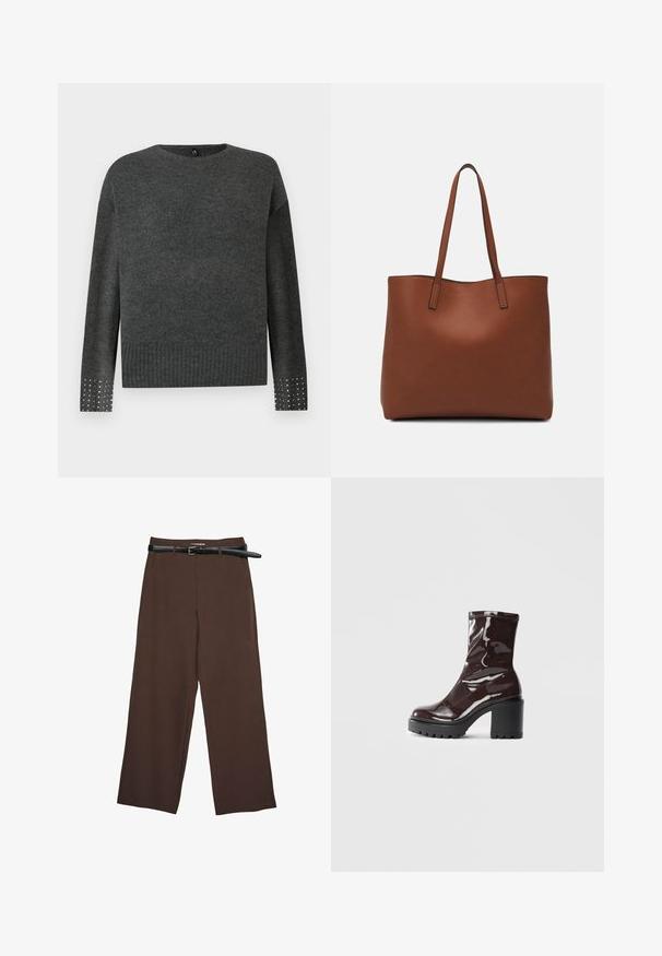 Harmaa neulepusero, jossa on pyöreä kaula-aukko, pitkät hihat, ribbireunus ja koristellut hihansuut, joissa on hopeisia niittejä lisäyksinä.; Ruskeat leveälahkeiset housut, joissa on sileä pinta, musta vyö ja muotoiltu vyötärö, tarjoavat rakenteellisen istuvuuden.; Satea bordeaux berwarna mengkilap dengan tumit hitam tebal, menampilkan tekstur halus dan desain sederhana. Tanpa pengikat atau pola yang terlihat.; Ruskea nahkainen olkalaukku, jossa on sileä pinta, avoin yläosa ja kaksi olkahihnaa. Omaavat vain minimaalisen ompelun eikä näkyvää metalliosaa.