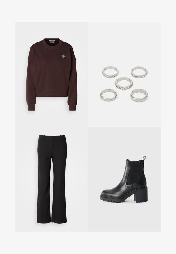 Brown cropped sweatshirt made of soft fabric, features a round neck, ribbed cuffs, and a small blue embroidered logo on the chest.; Black cotton blend trousers with a straight-leg design, front button closure, and two side pockets. Smooth texture, no visible patterns.; Black leather ankle boot with a chunky heel, elastic side panels, and a pull tab at the back. Textured sole for added grip.; Set of five silver rings in various designs, including one with a row of clear stones. Smooth and reflective metal finish.