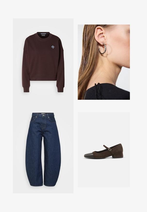 Pruun lühike sviiter, mis on valmistatud pehmest kangast, omab ümmargust kaelust, ribakujulisi varrukaotsi ja väikest sinist tikandiga logo rinnal.; Kõrge vöökohaga tumesinised denim püksid laia säärega, esine nupuga ja tõmblukuga sulgemine ning klassikaline viie tasku disain.; Pruun nubukist Mary Jane sandaal musta lakknahaga varvaga, reguleeritava rihmaga ja madala plokknähtud kontsaga. Sile tekstuur ja minimaalsed aktsendid.; Hõbedane rõngas kõrvarõngas poleeritud viimistlusega, millel on väikesed kuldsed aktsendid ja ümmargune kuju, kantud lobus.