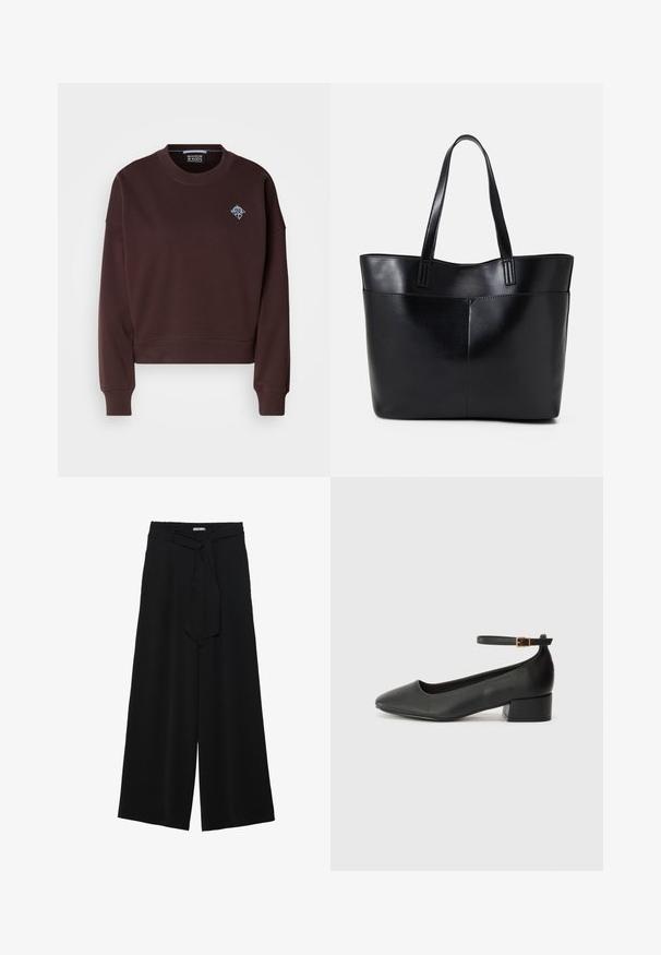 Sweatshirt scurt de culoare maronie, realizat dintr-un material moale, cu guler rotund, manșete ribonate și un mic logo brodat albastru pe piept.; Pantaloni largi negri dintr-un material texturat, cu un tiv elastic și o panglică detașabilă la talie pentru un fit ajustabil.; Pantof cu toc negru din piele, cu vârf ascuțit și toc mic pătrat. Dispune de o curea la gleznă cu o cataramă în tonuri de aur. Textură netedă.; Geantă oversized din piele neagră, cu două mânere lungi, de textură netedă și formă structurată. Are un buzunar frontal pentru stocare suplimentară.