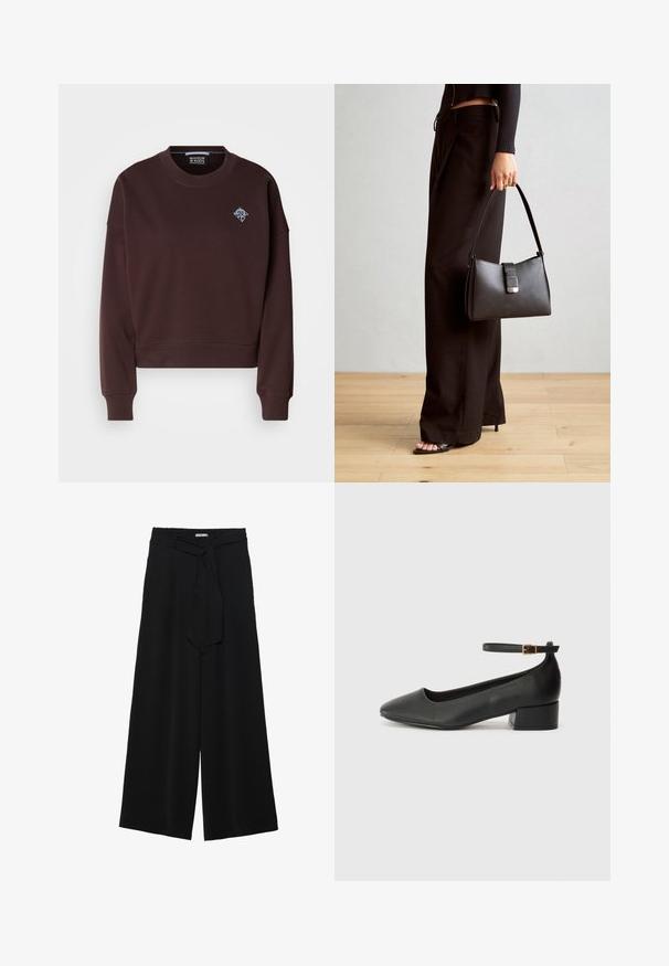 Brun cropped sweatshirt laget av myk stoff, har rund hals, ribbestrikkede mansjetter og en liten blå brodert logo på brystet.; Svart vide bukser med teksturert stoff, elastisk midje og avtagbart belte som gir justerbar passform.; Sorte skinnpumper med spiss tå og lav blokkhelt. Har ankelrem med gullfarget spenne. Glatt tekstur.; Svart håndveske med strukturert form, jevn tekstur og metallisk lås. Kombinert med brede svarte bukser og sandaler med åpen tå på tregulv.