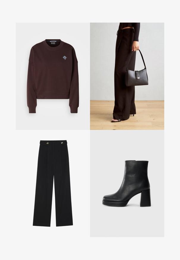 Hnedý skrátený svetr vyrobený z jemnej tkaniny, má okrúhly výstrih, rebrované manžety a malú modrú vyšitú značku na hrudi.; Čierne široké nohavice s vysokým pásom, so zapínaním na gombíky na páse a prednými sklady.; Čierne kožené členkové topánky s blokovým podpätkom a platformovou podrážkou, zobrazené z boku na bielom pozadí.; Čierna kabelka so štruktúrovaným tvarom, hladkou textúrou a kovovou sponou. V kombinácii so širokými čiernymi nohavicami a sandálmi s otvorenou špičkou na drevenej podlahe.