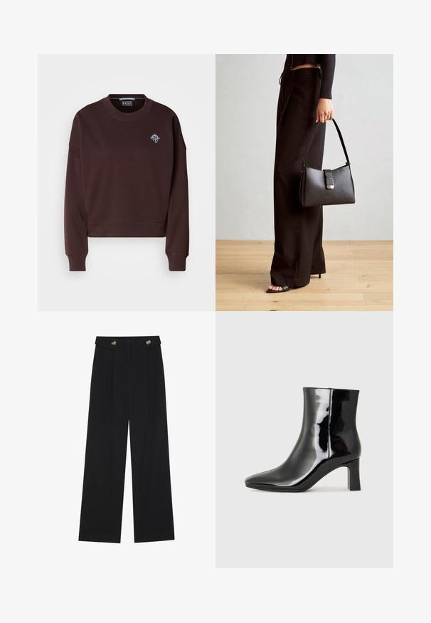 Crop top marrone realizzato in tessuto morbido, presenta un collo rotondo, polsini a costine e un piccolo logo ricamato blu sul petto.; Pantaloni neri a gamba larga con vita alta, dettagli con bottoni in vita e pieghe frontali.; Stivaletto in pelle verniciata nera con punta a punta e tacco a blocco di altezza media. Texture liscia e design minimalista.; Borsa nera con forma strutturata, texture liscia e una chiusura metallica. Abbinata a pantaloni neri larghi e sandali open-toe su un pavimento in legno.