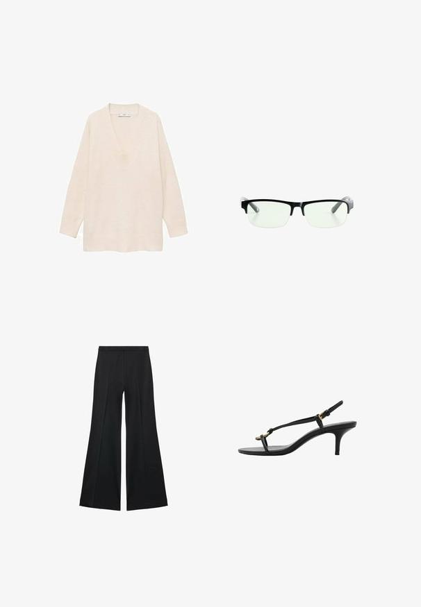 V-neck cream sweater with long sleeves, ribbed cuffs and hem. Soft texture, loose fit, and simple design with no patterns or accents.; Black wide-leg pants with a smooth texture, featuring front pleats and a tailored design. The fabric is lightweight and flowy.; Black leather kitten heel sandal with thin straps, gold buckle, and minimalist toe loop on a white background.; Black rectangular eyeglasses with clear lenses, featuring sleek black frames and gray transparent temple tips. Minimalist design, no visible branding.