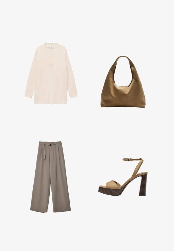 Pull en crème à col en V avec manches longues, poignets et ourlet côtelés. Texture douce, coupe décontractée, et design simple sans motifs ni accents.; Pantalons évasés en tissu gris doux et muted, avec une taille ceinturée et des plis pour un détail de design supplémentaire. Texture lisse, sans motifs.; Sandales à talons hauts en suede beige avec une large bride avant et une bride à la cheville, dotées d'un chunky talon en bois avec une finition texturée.; Sac à épaule en tissu marron avec un corps large et arrondi et une grande poignée découpée. Texture douce, design minimaliste et aucun matériel visible.