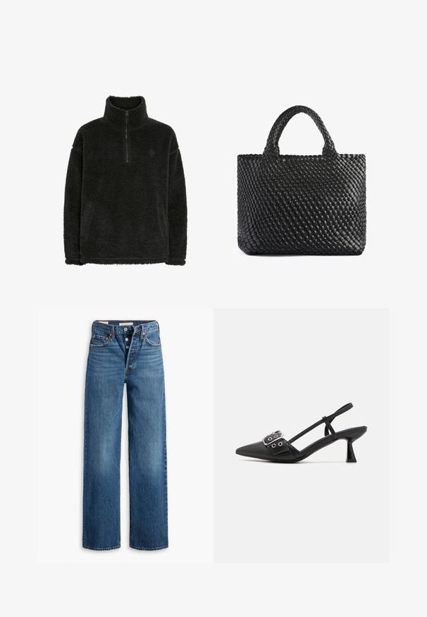 Black fleece pullover with a zippered collar, soft, textured surface, and a relaxed fit. Features stitching along the hem and cuffs.; Blue denim jeans with a wide-leg design, five pockets, button fly, and contrasting stitching. Textured fabric with a faded finish.; Simmi London DALA - Classic heels - black; Black woven tote bag with two handles, featuring a textured surface and a rectangular shape. Simple, unique design with no visible hardware.