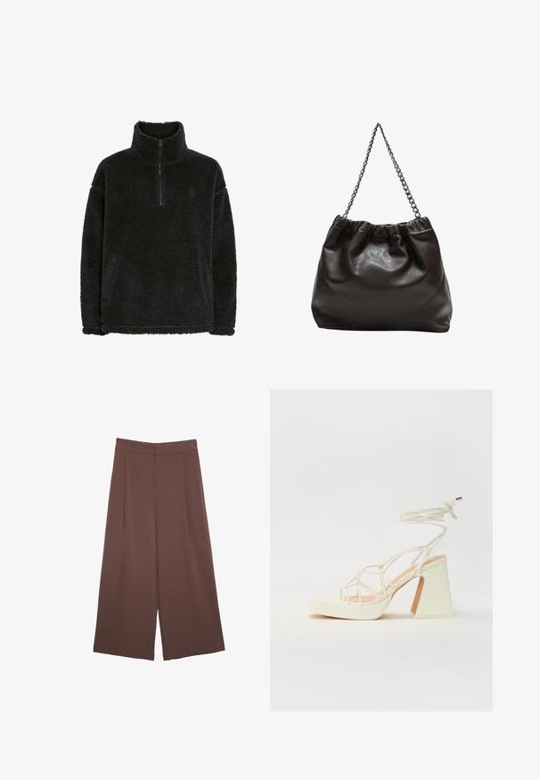 Črn flis pulover z zadrgo na ovratniku, mehak, teksturiran površin in sproščenim krojem. Ima šive ob robu in manšetah.; Rjave široke hlače z gladko teksturo, ki imajo visok pas in sprednje naborke. Tkanina je lahka in prosto pada.; Bela sandala na visokih petah s debelim petam, ki ima obliko trakcev in vezanje okoli gležnja. Gladka tekstura z platformo spredaj za dodatno višino.; Rjava usnjena torba z nabranim vrhom in verižnim trakom. Gladka tekstura z sijajno površino in subtilnimi šivi na straneh.