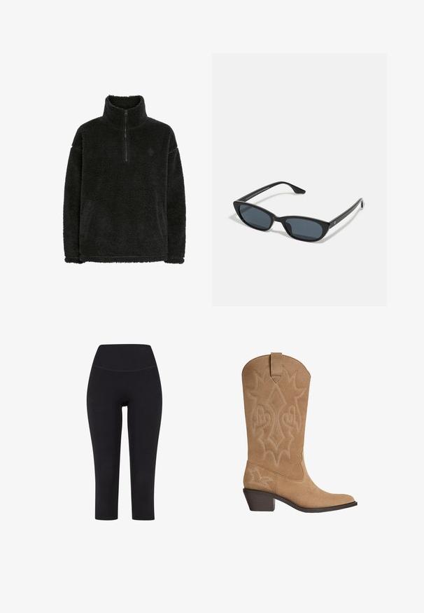 Czarny polarowy sweter z zamkiem przy kołnierzu, miękka, teksturowana powierzchnia i luźny krój. Posiada przeszycia wzdłuż dolnego brzegu i mankietów.; Czarne legginsy za kostkę wykonane z elastycznego materiału, z wysokim stanem i bez widocznych wzorów czy elementów metalowych.; Kawbojskie buty w kolorze tan z zamszu, ozdobione haftowanymi przeszyciami, średniej wysokości pięta na platformie oraz uchwyt na cholewie.; Czarne okulary w kształcie kociego oka z ciemnymi soczewkami, plastikową ramką, smukłymi zausznikami i subtelnym logo na wewnętrznej stronie zausznika. Matowa tekstura.