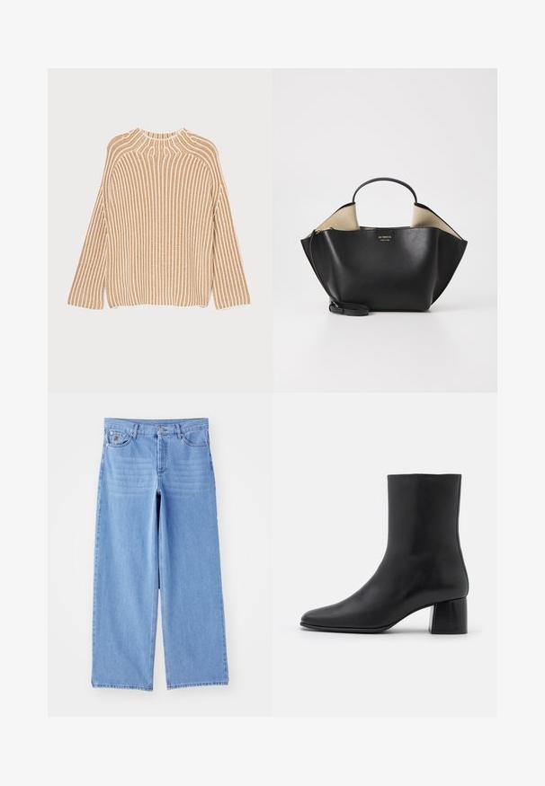 ASPESI Neule - cammello/camel; Vaaleansinisiä leveälahkeisia farkkuja, joissa on klassinen viisipaikkainen muotoilu ja nappikiinnitys. Liukas pinta, kuluneet lahkeensuukohdat.; Mustat nahkasaappaat nilkkakorkeudella, joissa on terävä kärki ja tukeva neliön muotoinen korko. Sileä pinta, saumaton muotoilu ja minimalistinen ommel.; Ree Projects ANN TOTE MINI - Käsilaukku - black