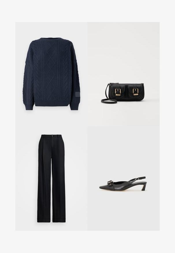 Pulôver tricotado azul-marinho com um padrão de corda texturizado e decote redondo. Punhos e bainha canelados, apresentando um material macio e espesso.; Calças largas pretas com um acabamento suave, frente plana, passantes para cinto e fecho de botão único na cintura.; Sandal com correia preta em pele, com bico fino, pequeno salto e detalhe de fivela decorativa na parte superior. Textura suave, design minimalista.; Bolsa de ombro em couro preto com dois bolsos frontais, fivelas douradas, fecho de zíper e uma alça fina. Superfície texturizada e forma retangular compacta.