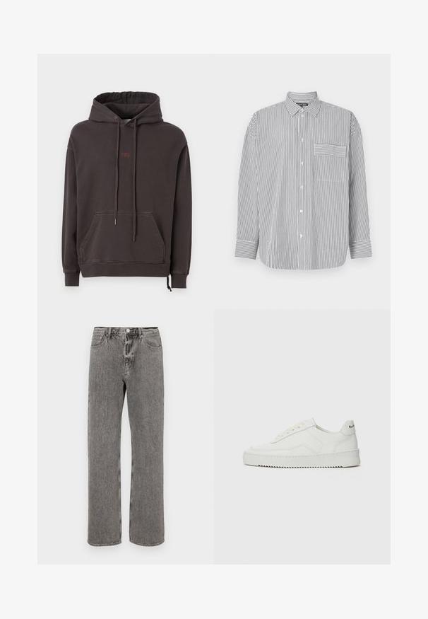 Ksubi HIT LIST BIGGIE HOODIE - Sweatshirt - black; Stripete skjorte med knapper i svart og hvitt, med lange ermer, klassisk krage og en brystlomme med horisontale striper.; Grå denimjeans med rette ben, fem lommer og knappelukking i midjen. Subtilt slitte detaljer gjennom hele.; Hvite lærersneakers med en jevn overflate, rund tå, flate lisser og en teksturert såle. Har en subtil logo på hælen.