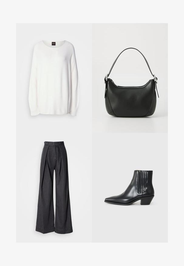 Biały sweter z okrągłym dekoltem, długimi rękawami i luźnym krojem. Prążkowana struktura, subtelny połysk i metka BOSS z tyłu.; Szerokie czarne dżinsowe spodnie z wysokim stanem, z wykrojem z przodu i klasycznym zapięciem na suwak. Wyrazista, gładka textura o czystym wykończeniu.; Czarne skórzane botki za kostkę z wysmuklonym noskiem, elastycznymi bocznymi panelami z pionowymi rowkami oraz niskim blokowym obcasem. Gładka tekstura i elegancki design.; Czarna skórzana torebka o zaokrąglonym kształcie, z srebrnym zamkiem błyskawicznym i krótkim uchwytem. Posiada subtelne logo z przodu i gładką teksturę.