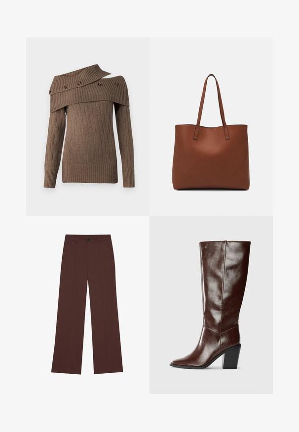Barna kötött pulóver aszimmetrikus dizájnnal, bordázott textúrával és díszítő gombokkal a széles galléron, hosszú ujjak.; Bő szárú nadrág gazdag barna szövetből. Gombos záródás, két elülső zseb, sima textúra és tiszta vonalak jellemzik.; Magas, sötétbarna bőr csizma hegyes orral és tömb sarkal, oldalról mutatva, sima háttér előtt.; Barna bőr vászontáska sima textúrával, nyitott tetejű dizájnnal és két vállpánttal. Minimális varrással és látható hardver nélkül készült.