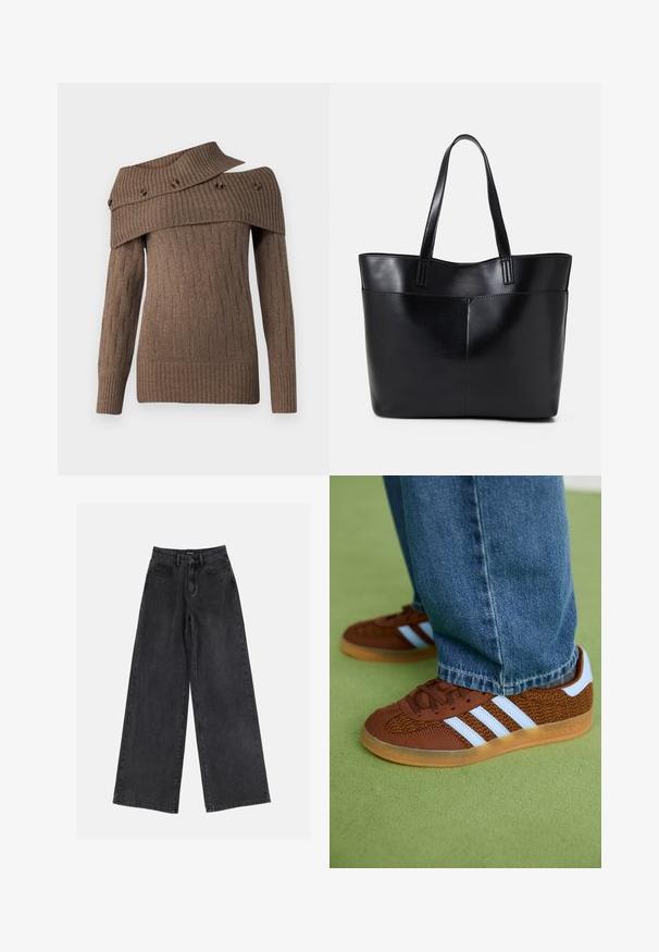 Bruine gebreide trui met een asymmetrisch ontwerp, ribbelstructuur en decoratieve knopen op de brede kraag, met lange mouwen.; Zwarte wide-leg denim jeans met een hoge taille, klassiek vijf-pocket ontwerp en subtiele vervaging. Duurzame stof met een soepele textuur.; Bruine Adidas sneakers met witte strepen en rubberen zolen, gedragen met blauwe jeans op een groene vloer.; Zwarte leren tote bag met twee lange handvatten, een zachte textuur en een gestructureerde vorm. Voorzien van een voorvak voor extra opslagruimte.