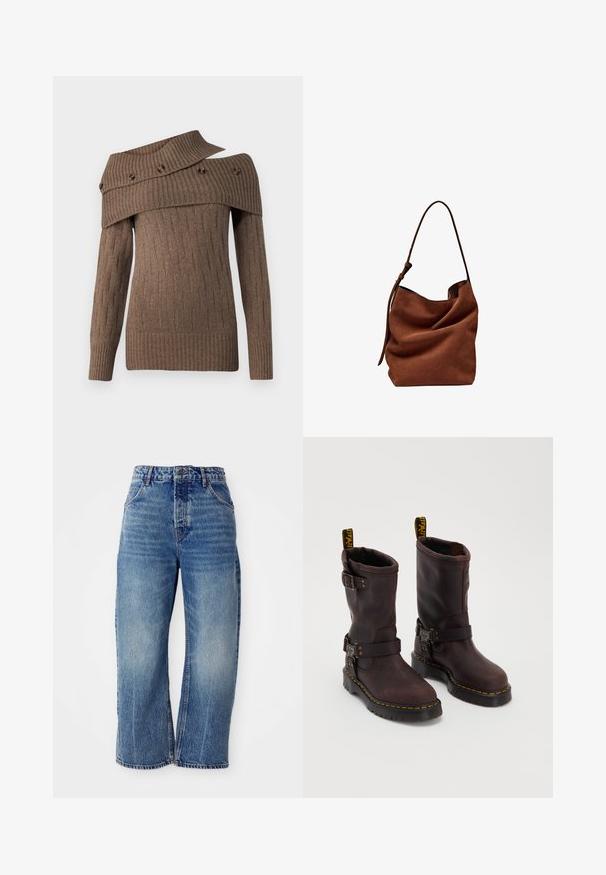 Brauner Strickpullover mit asymmetrischem Design, gerippter Textur und dekorativen Knöpfen am breiten Kragen, mit langen Ärmeln.; Free People DEEP TRANCE DROPPED - Jeans Relaxed Fit - blue denim; Braune Lederstiefel mit einem Design bis zur Mitte des Wadens, ausgestattet mit einem Riemen und einer Schnalle, einer dicken schwarzen Sohle und gelben Nähakzenten.; Braune Wildleder-Umhängetasche mit einer weichen, lässigen Form und einem langen, einzigen Tragegurt. Sie hat eine dezente, glatte Textur und keine sichtbaren Beschläge.