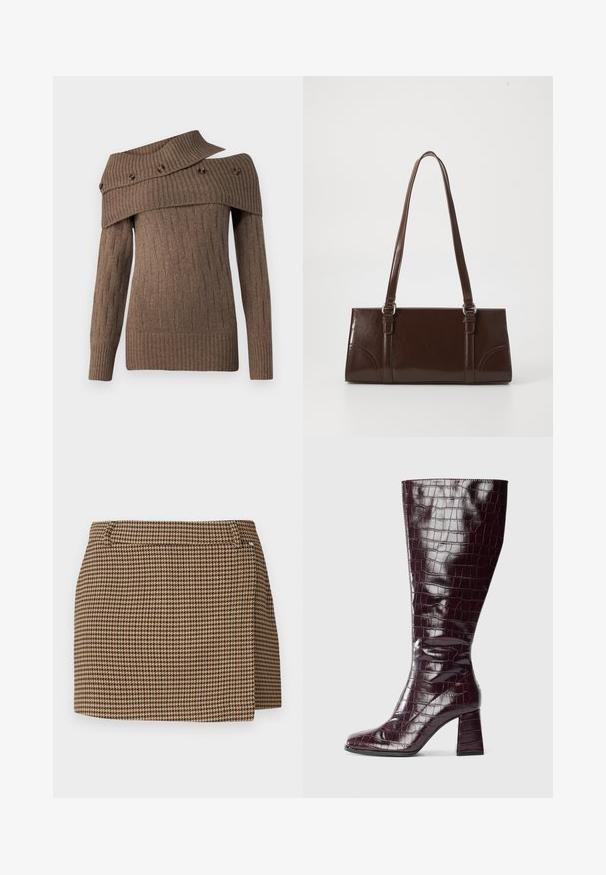 Brūns adīts džemperis ar asimetrisku dizainu, ribotu tekstūru un dekoratīviem pogām uz plata apkakles, ar garām piedurknēm.; Brūns un bēšs houndstooth raksta mini svārki ar nelielu pārklājuma detaļu un jostas cilpiņām uz baltā fona.; Tumši bordo ceļa auguma zābaks ar krokodilādas tekstūru un kvadrātveida papēdi uz balta fona, parādīts no sāniem.; Brūna lakota ādas rokassoma ar taisnstūra formu, divām garām rokturiem un delikātiem izliekumiem priekšpusē.; Zelta krāsas metāla auss gredzeni ar gludu, apaļu trīsstūra formu un āķa aizmuguri; atstarojoša virsma ar minimālu apdari.