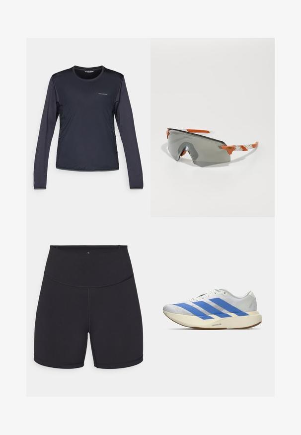 Zwart Salomon sportshirt met lange mouwen, een ronde hals en zichtbare zijrits zakken op een witte achtergrond.; Zwarte sportshorts gemaakt van rekbaar materiaal. Kenmerken van een hoge tailleband en gladde naden. Geschikt voor actieve kleding en lichaamsbeweging.; Witte sportschoen met blauwe strepen, geztructureerde bovenkant, platte zool en "LIGHTSTRIKE PRO" branding aan de zijkant. Laag profiel ontwerp.; Sportzonnebril met een grijze lens, oranje accenten en patroon in de witte armen. Ontworpen voor prestaties met een rondlopende vorm.