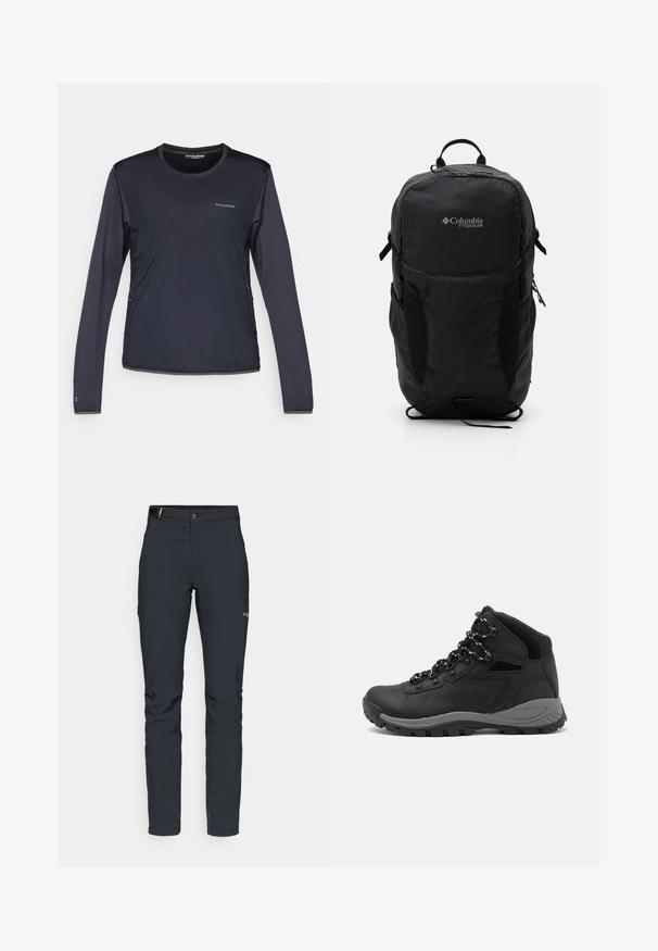 Melna Salomon garām piedurknēm sporta krekls ar apļa kaklu un redzamām sānu rāvējslēdzēja kabatām uz baltā fona.; Vīriešu āra bikses, tumši pelēkā krāsā, izgatavotas no elastīga materiāla, ar jostu, kabatām ar rāvējslēdzēju un pastiprinātām šuvēm.; Melni pārgājienu zābaki ar vidēju augstumu, ar teksturētu augšdaļu, pelēkiem akcentiem un izturīgu gumijas zoli ar saķeres izvirzījumiem.; Melnā Columbia Titanium mugursoma ar gludu auduma faktūru, sānu kabatām, augšējo rokturi un regulējamiem siksnām. Minimālistisks dizains ar diskrētu zīmola identifikāciju.