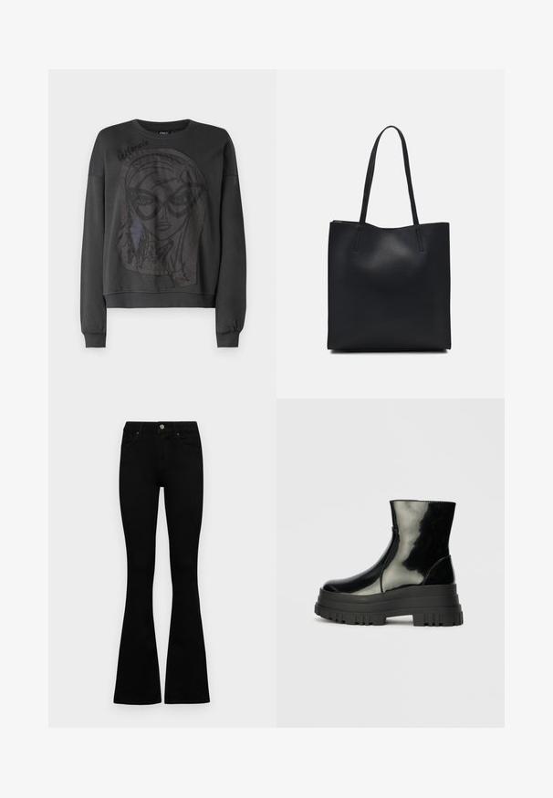 Fekete pulóver hosszú ujjakkal, nagy grafikai mintával egy szemüveges arcról, amelynek szélén rojtos rész található. Bordás mandzsetta és nyak. ; Fekete, magas derekú farmernadrág gomb- és cipzárzárral, elülső zsebekkel és harangszárral, laposan egy fehér háttérre terítve.; Fekete fényes boka csizma vastag bordázott talppal és kerek orral, oldalnézet világos szürke háttér előtt.; Fekete bőrtáska sima felszínnel, téglalap alakú, két hosszú füllel. Nincs látható fémkiegészítő vagy díszítés.