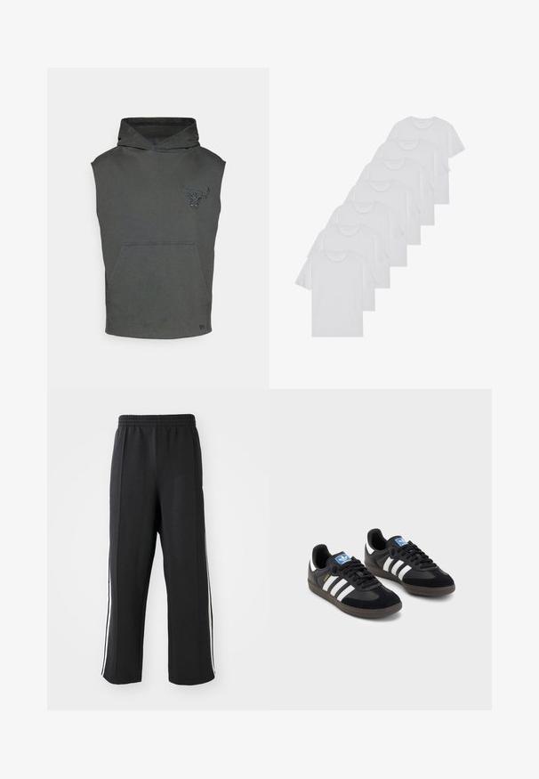 Pelēka bez piedurknēm kapuce ar priekšējo kabatu, kurai ir tekstūrēts bullis grafika uz krūtīm un kapuces aukla.; Baltie kokvilnas T-krekli, īsas piedurknes, apaļas izgriezuma dizains, vienkārša tekstūra, sakrauti rindā, ar smalku zīmolu pie kakla izgriezuma.; Melni sporta bikses ar elastīgu jostu, kurām ir baltas sānu joslas un brīvs piegrieziens. Izgatavotas no mīksta, elastīga auduma.; Melnas sporta apavas ar zamšādas un sintētisku augšdaļu, ar trim baltām svītrām, teksturētu gumijas zoli un zilu logo birku uz mēles.