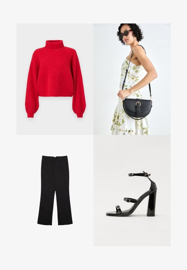 Roter, gerippter Strickpullover mit hohem Kragen, oversized Ärmeln und verkürztem Saum. Aus weichem Garn gefertigt, mit einer strukturierten Oberfläche.; Schwarze Hose mit geradem Schnitt, ausgestattet mit Fronttaschen und Seitenschlitzen am Saum. Hergestellt aus weichem, glattem Stoff. Geeignet für verschiedene Anlässe.; Schwarze patentierte Sandalen mit Absatz, quadratischer Spitze, Knöchelriemen und silbernen Schnallen. Mit einem stabilen Blockabsatz für mehr Stabilität.; Schwarze Lederhandtasche mit geschwungener Form, abnehmbarem Tragegurt und goldenen Beschlägen. Die Tasche verfügt über einen Deckel mit einer Schnallen-Details.