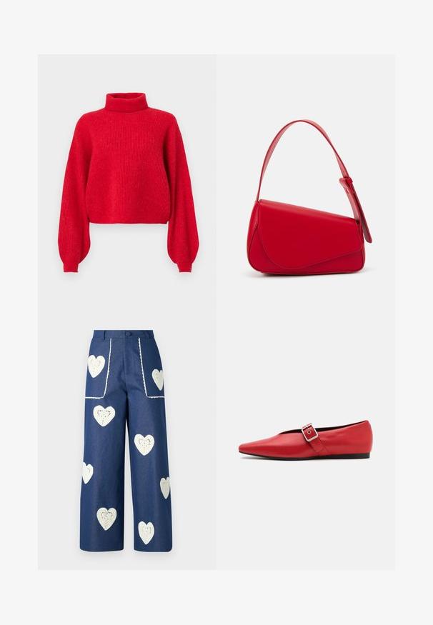 Rød, ribbestrikket genser med høy krage, oversized ermer og cropped hem. Laget av mykt garn med en teksturert finish.; Sister Jane HEART TO HEART - Jeans straight leg - blue denim; Røde lærflatsko med spiss tå, med en sidespenne med metallspenne og en lav svart hæl. Glatt tekstur gjennom hele skoen.; Rød lærveske med en vinklet, geometrisk design. Har en enkelt justerbar stropp og en klaffelukking med sydd detaljer.